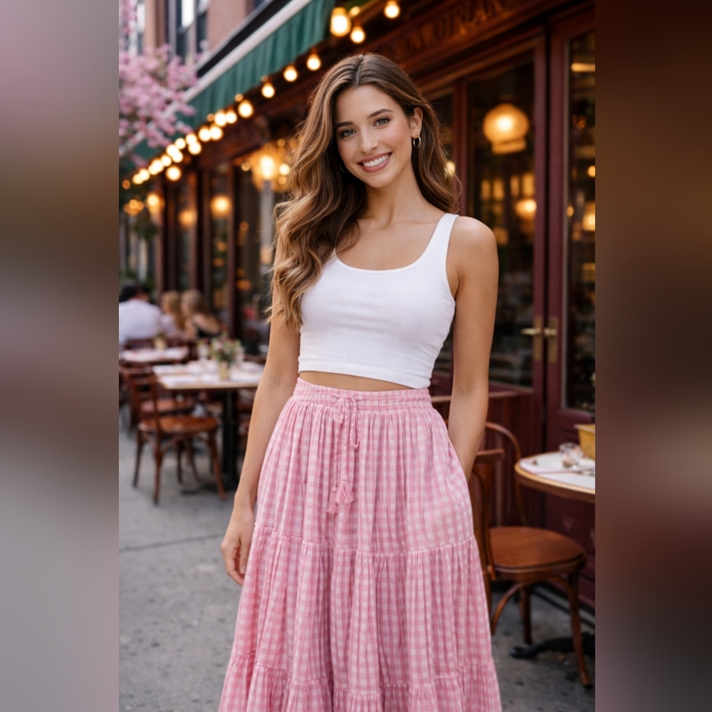 Nwt Anna Rose Gingham Tiered Pink Summer Maxi Long Womens M SKIRT Feminine Fairy